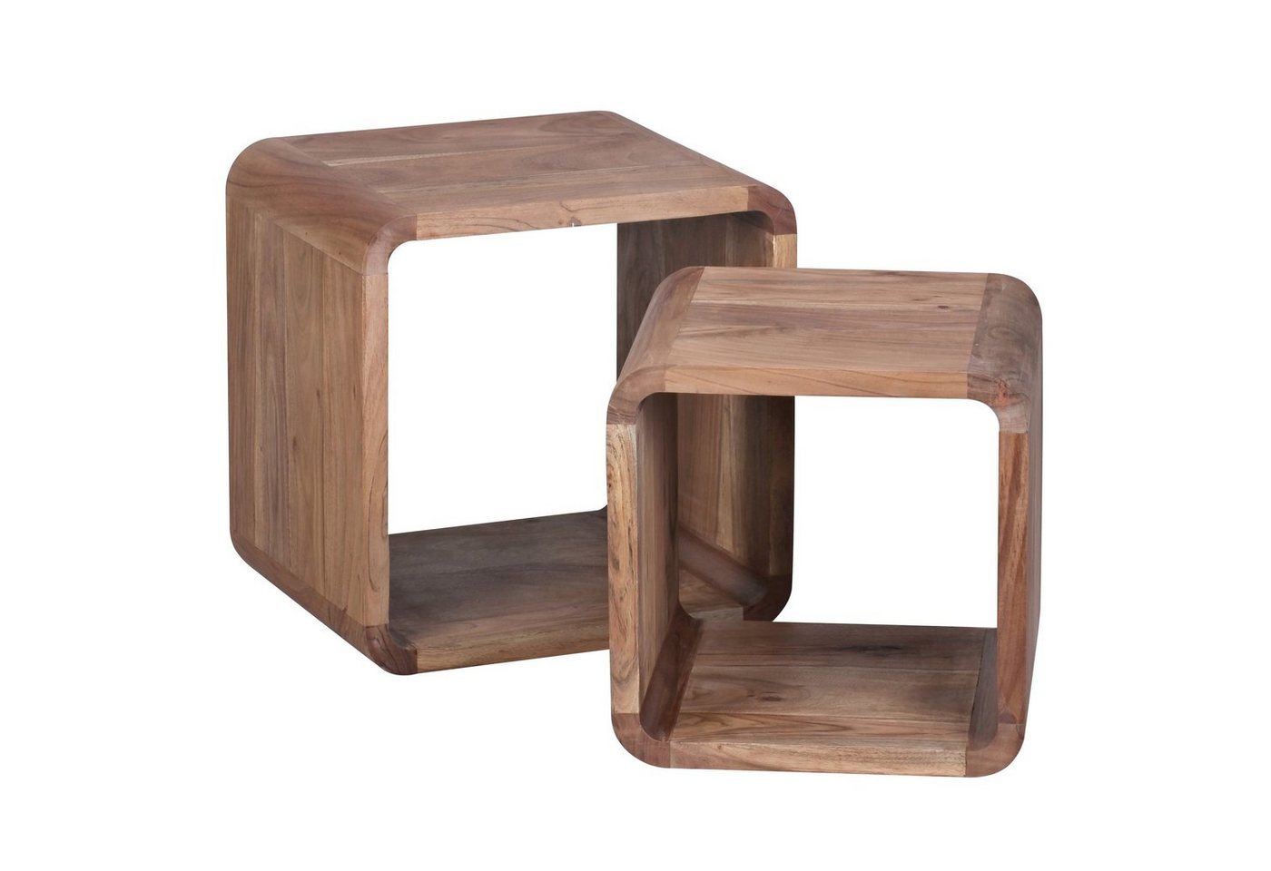 möbelando Satztisch 2er Set Satztisch BOHA Massivholz Design Couchtisc, 2er Set Satztisch BOHA Massivholz Design Couchtisch Akazie 2 Tische, Würfelregal-Set Braun, Wohnzimmertisch Massiv, Beistelltische Holz Landhaus Stil, Holztisch Wohnzimmer von möbelando