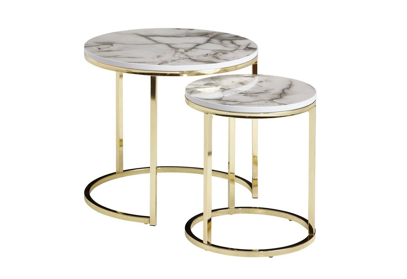 möbelando Satztisch Design Beistelltisch 2er Set Weiß Marmor Optik, Design Beistelltisch 2er Set Weiß Marmor Optik Rund, Couchtisch 2 teilig Tischgestell Metall Gold, Kleine Wohnzimmertische, Moderne Satztische von möbelando