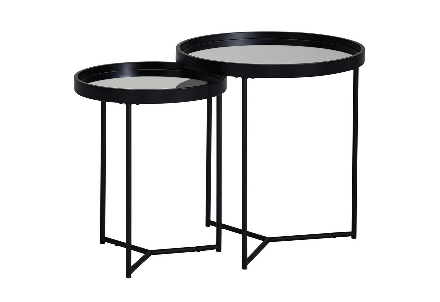 möbelando Satztisch Design Beistelltisch Rund Ø 50/36 cm - 2 teilig, Design Beistelltisch Rund Ø 50/36 cm - 2 teilig Schwarz mit Spiegel Glasplatte, Wohnzimmertisch 2er Set, Satztisch verspiegelt, Couchtisch von möbelando