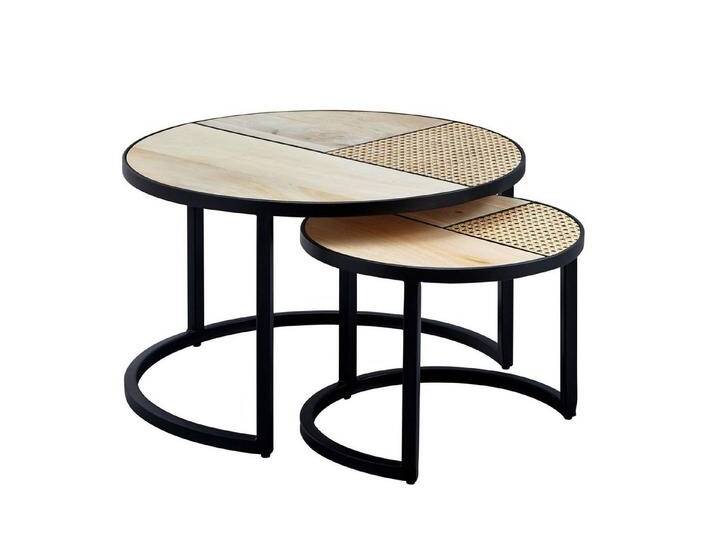 möbelando Satztisch Design Wohnzimmertisch 2er Set Mango / Rattan Beistelltisch Rund, (2er Set), 60 cm (L) von möbelando