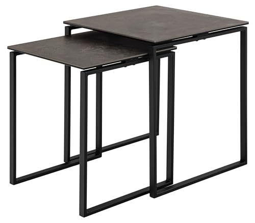 möbelando Satztisch >Katrine< bestehend aus 2 Stück, 50x50x55 cm + 43x43x50 cm, modernes Design ? Glas-Keramik Tischplatte, pulverbeschichtetes Kufengestell in matt Schwarz, robust & stilvoll von möbelando