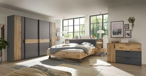 möbelando Schlafzimmer-Set >Daria< modernes Set mit Kleiderschrank 267x210x60,4cm, Doppelbett inkl. 2 Nachtkommoden 297,6x98,8x222,4cm, Kommode 125x82,6x40cm ? Dekor Viking Oak & Graphit von möbelando