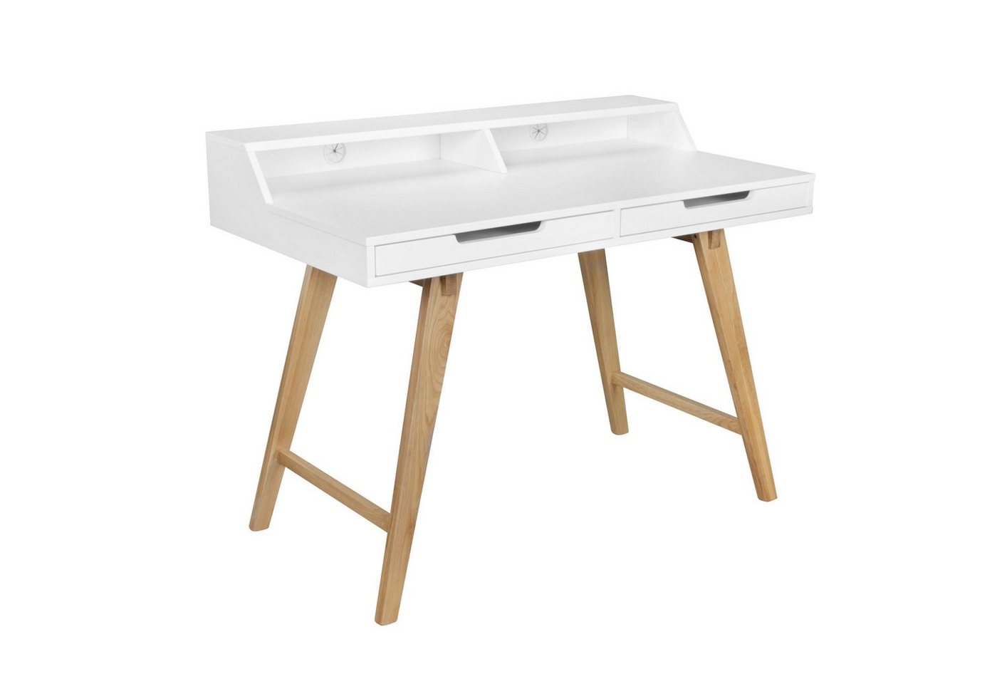 möbelando Schreibtisch Schreibtisch 110 x 85 x 60 cm MDF-Holz skandinavis, Schreibtisch 110 x 85 x 60 cm MDF-Holz skandinavisch weiß matt Arbeitstisch, Design Laptoptisch mit Kabeldurchlass, Bürotisch mit Eiche-Beinen von möbelando