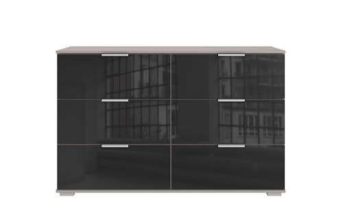 möbelando Schubkastenkommode >Easy Plus< modern, Saharagrau Korpus & Schwarze Glas-Schubladen, 6 Schubladen, 2 Türen, 2 Einlegeböden, 58 kg, Made in Germany, zerlegt geliefert, 130x83x41 (BxHxT). von möbelando