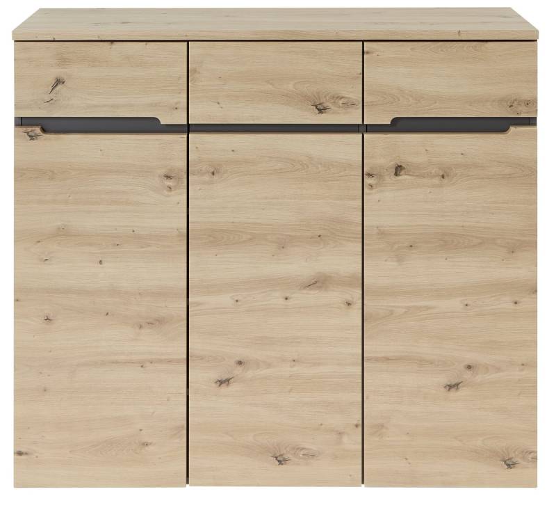 möbelando Schuhschrank "Meagan II" Moderner Schuhschrank, Korpus aus Spanplatte in Graphit, Front aus MDF in Artisan Eiche Nachbildung mit 3 Holztüren und 8 Einlegeböden. Breite 120 cm, Höhe 107 cm, Tiefe 38 cm von möbelando