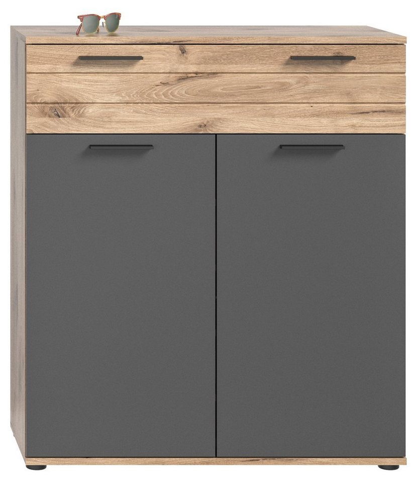 möbelando Schuhschrank Missoula Moderner Schuhschrank, Korpus aus Spanplatte in Nox Oak, Front aus MDF in Basalt Grau mit abgesetzter Rillenoptik in Nox Oak, mit 2 Schubkästen, 2 Türen und 5 Ablageböden. Breite 90 cm, Höhe 104 cm, Tiefe 37 cm von möbelando