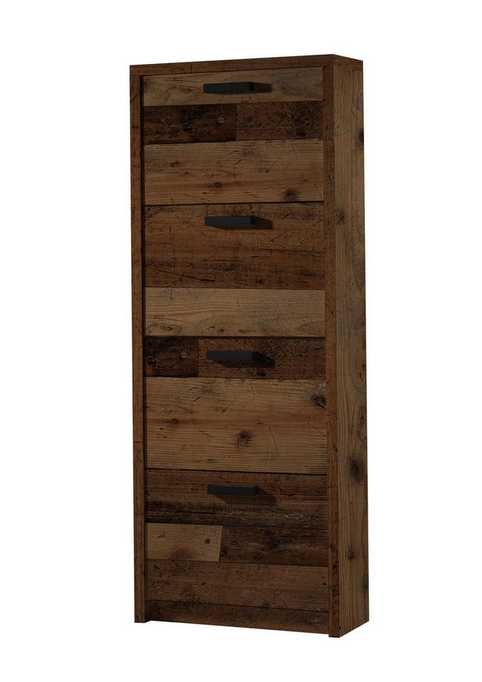 möbelando Schuhschrank Schuhschrank Brady I" Moderner Schuhschrank aus Spanplatte in Texas Oak Nachbildung mit 4 Klappen mit 2-tlg. Schuhwalzen (Platz für ca. 16-24 Paar Schuhe), max. Schuhgröße 45, ohne Rückwand. Breite 64 cm, Höhe 164 cm, Tiefe 24 cm" von möbelando