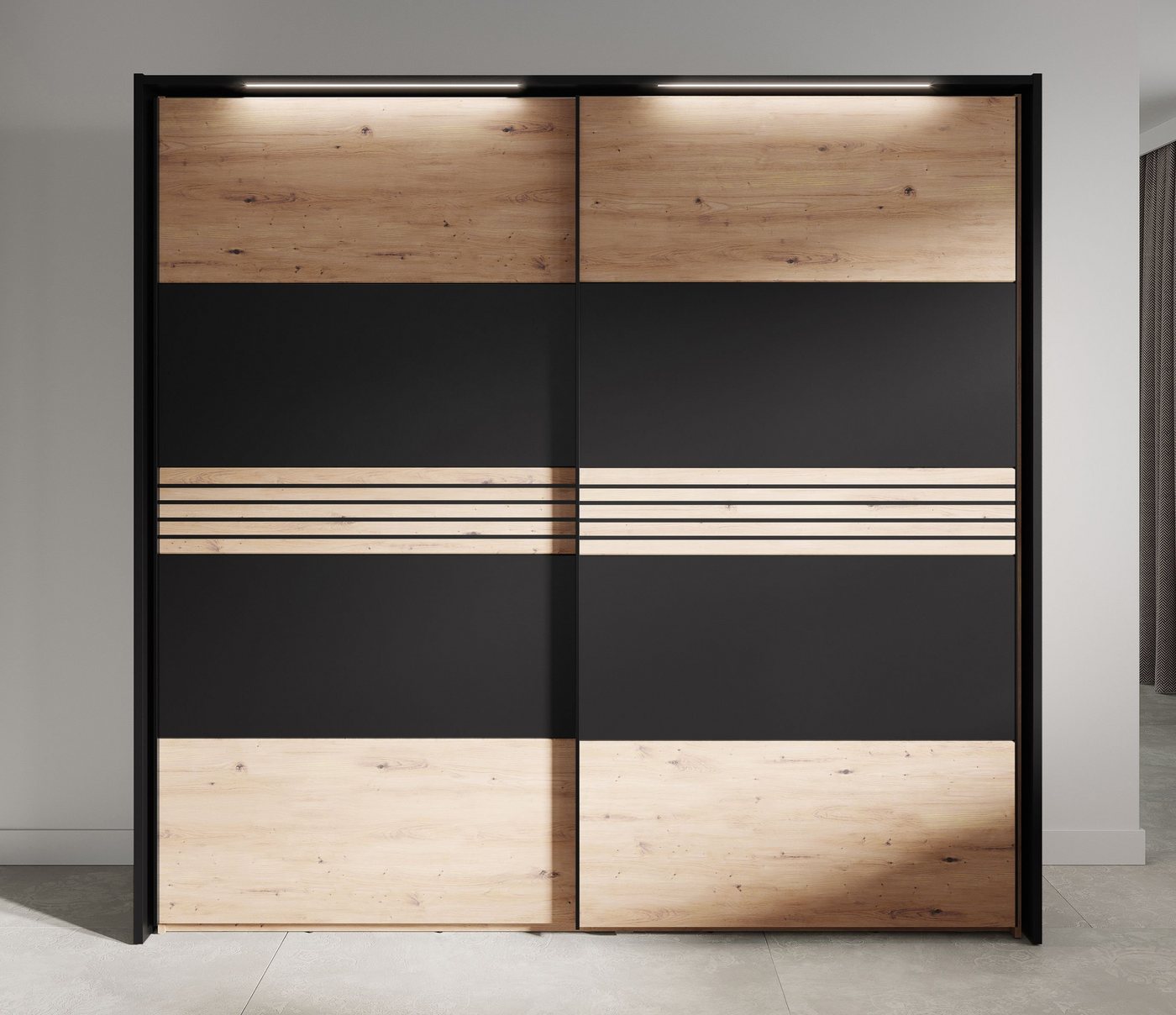 möbelando Schwebetürenschrank MELIKA 302SX (BxHxT: 220x213,1x60 cm) in F:Schwarz/Dekor Lamellen ArtisanEiche/K:Artisan Eiche von möbelando