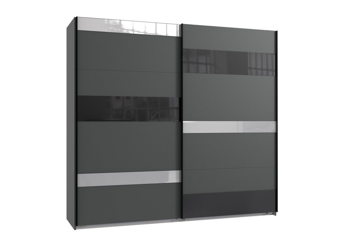 möbelando Schwebetürenschrank Monaco in GRAPHIT, GLAS SCHWARZ GLAS LIGHT GREY mit 2 Türen und 2 Einlegeböden. Abmessungen (BxH) 225x210 cm von möbelando