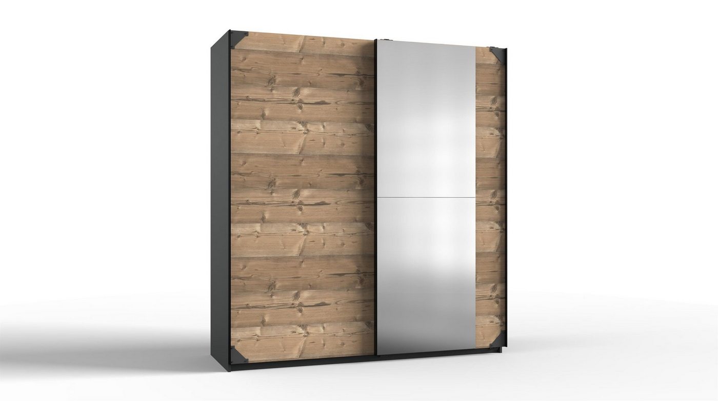 möbelando Schwebetürenschrank Schwebetürenschrank Mitzi I" Moderner Schwebetürenschrank aus Spanplatte, Korpus in Graphit, Front in Silver-Fir Nachbildung und Spiegelglas mit 2 Schwebetüren, 2 Ablageböden und 2 Kleiderstangen. Breite 135 cm, Höhe 198 cm, Tiefe 65 cm, Made in Germany" von möbelando