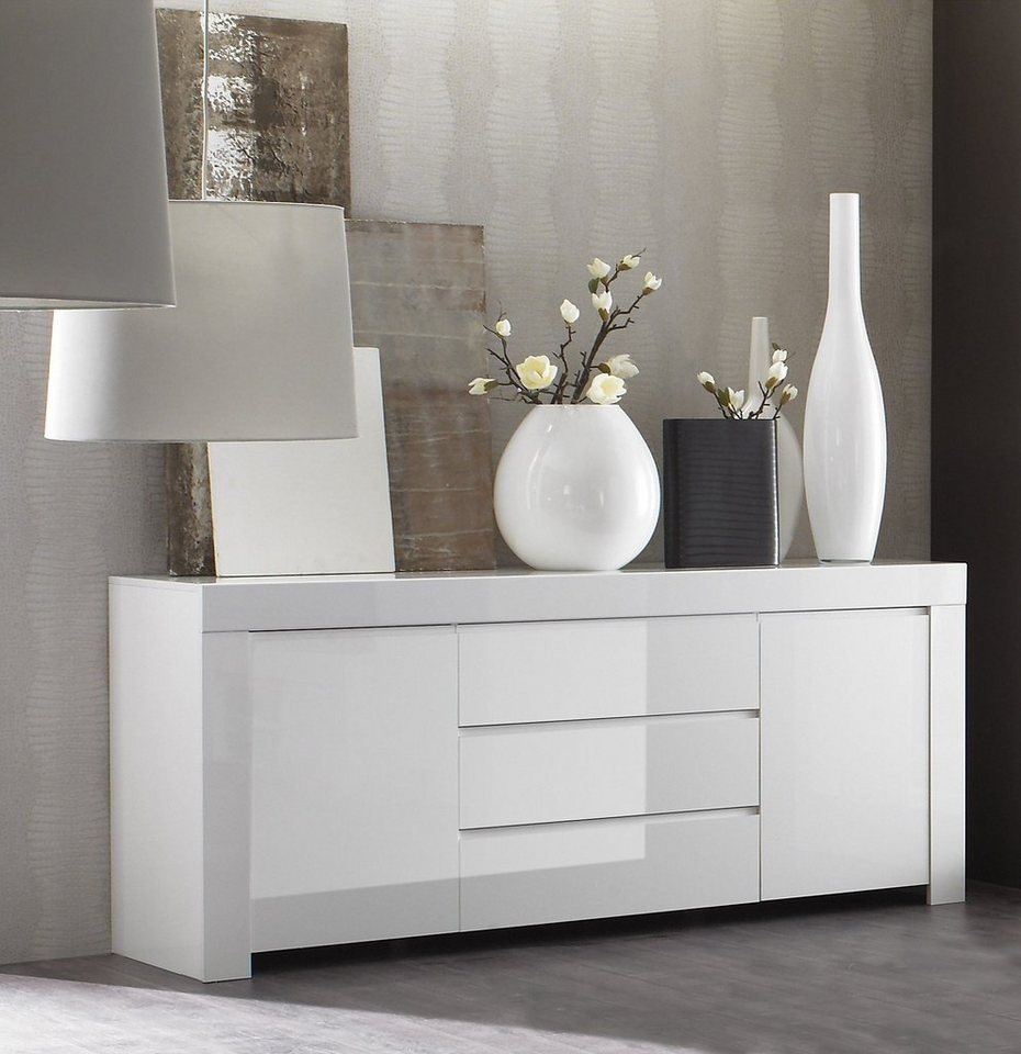 möbelando Sideboard Asti (BxHxT: 190x84x50 cm), in Weiss echt Hochglanz lackiert mit 3 Schubladen und 2 Türen von möbelando