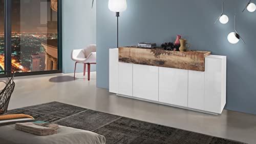 möbelando Sideboard Beistellschrank Highboard Anrichte Kommode Schrank Catania IV Weiß Hochglanz/Ahorn Nachbildung von möbelando