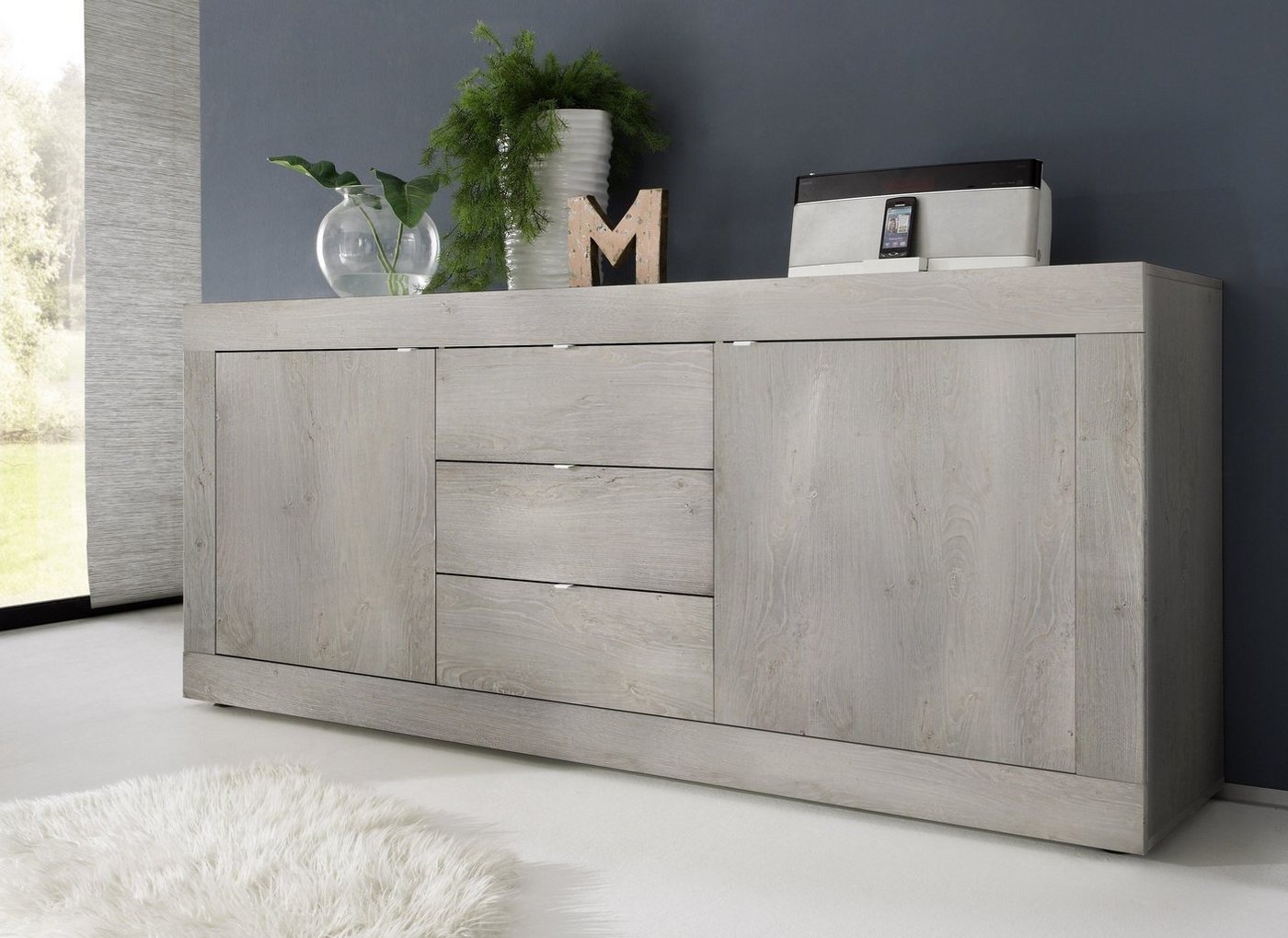 möbelando Sideboard Belinda (BxHxT: 210x86x43 cm), in Holzstruktur Pinie Weiss Nachbildung mit 3 Schubladen und 2 Türen von möbelando