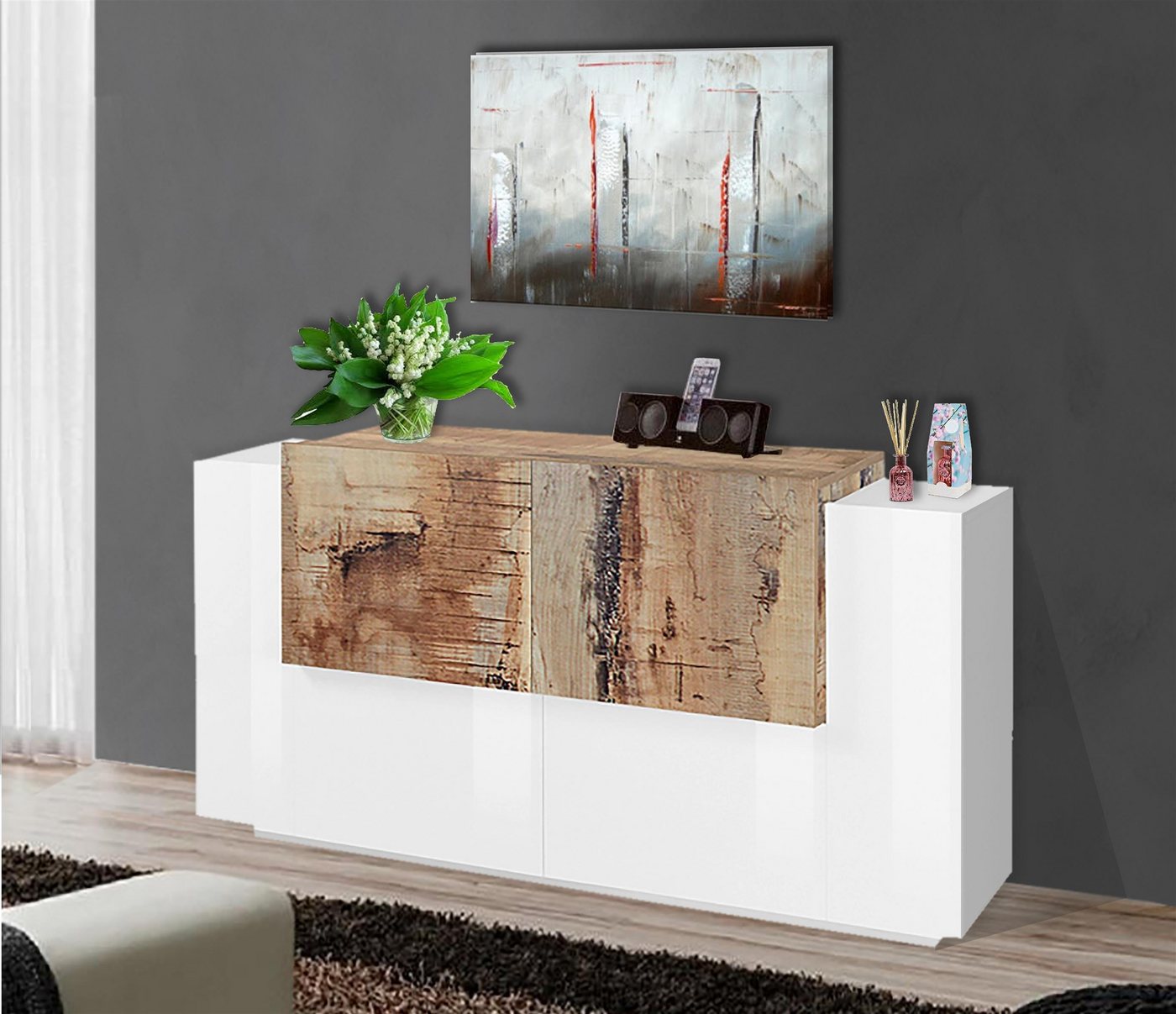 möbelando Sideboard Catania, Modernes Sideboard aus Spanplatte in Weiß-Hochglanz / Ahorn Nachbildung mit 4 Holztüren, 2 Einlegeböden. Breite 160 cm, Höhe 86 cm, Tiefe 45 cm von möbelando