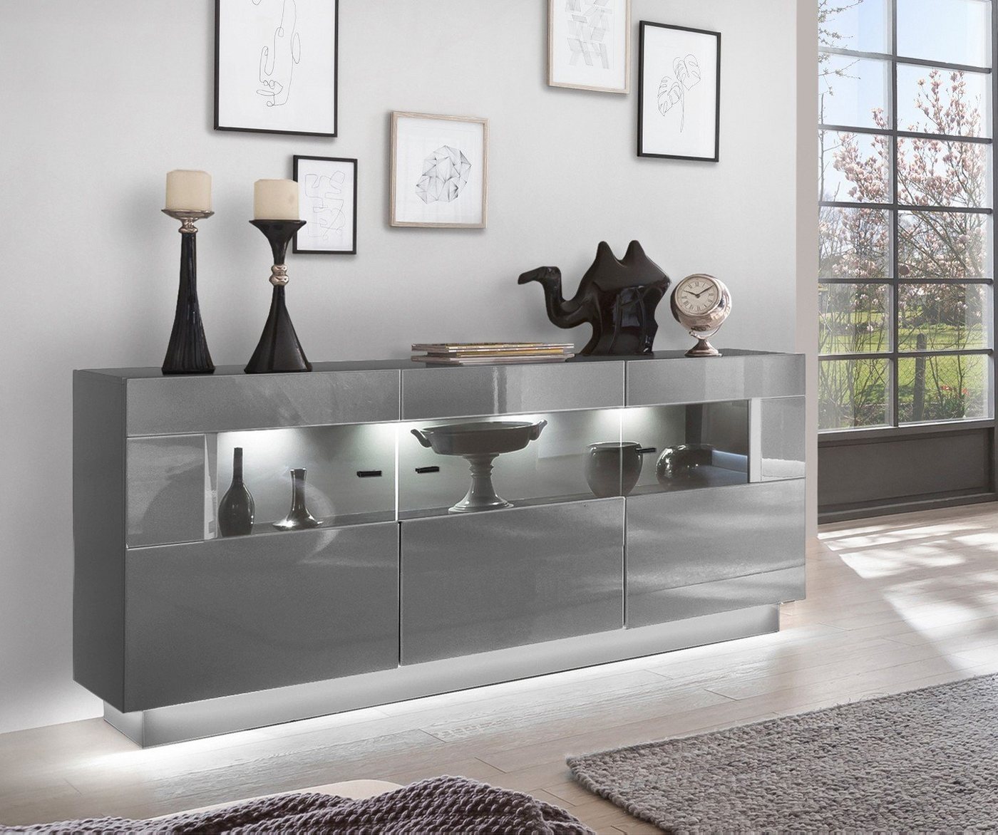 möbelando Sideboard DENIRA 084-03 (BxHxT: 160x85x43 cm), in Hochglanz Anthrazit mit 3 Türen und 9 Fächern von möbelando