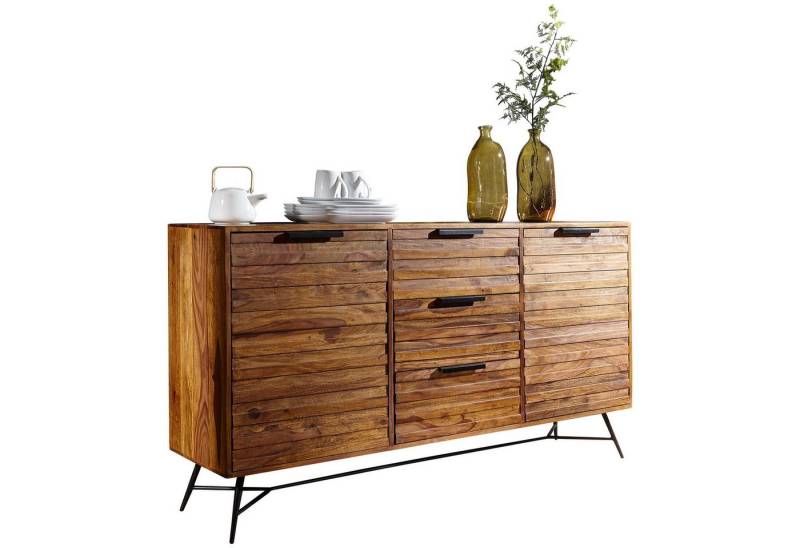 möbelando Sideboard Design Sideboard NISHAN 160 x 40 x 88 cm Sheesham, Design Sideboard NISHAN 160 x 40 x 88 cm Sheesham Massiv Holz, Kommode mit Türen & Schubladen, Massive Anrichte Industrial, Massivholz Schrank mit Metallbeinen von möbelando