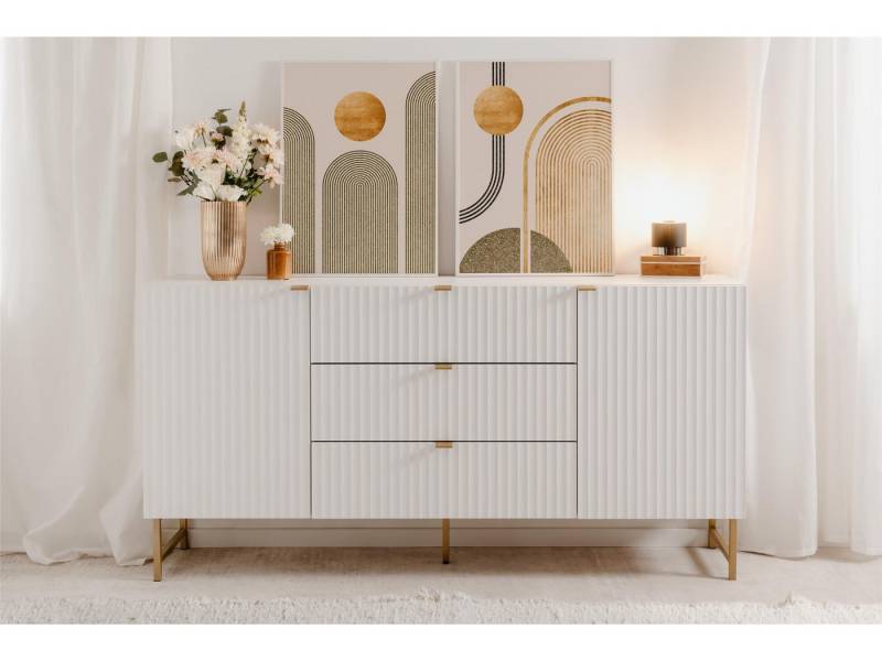 möbelando Sideboard Elwood, Modernes Sideboard in Weiß matt, Korpus aus melaminbeschichteter Spanplatte, Front aus MDF mit 2 Holztüren, 3 Schubkästen und 2 Einlegeböden. Breite 179 cm, Höhe 90 cm, Tiefe 39 cm von möbelando