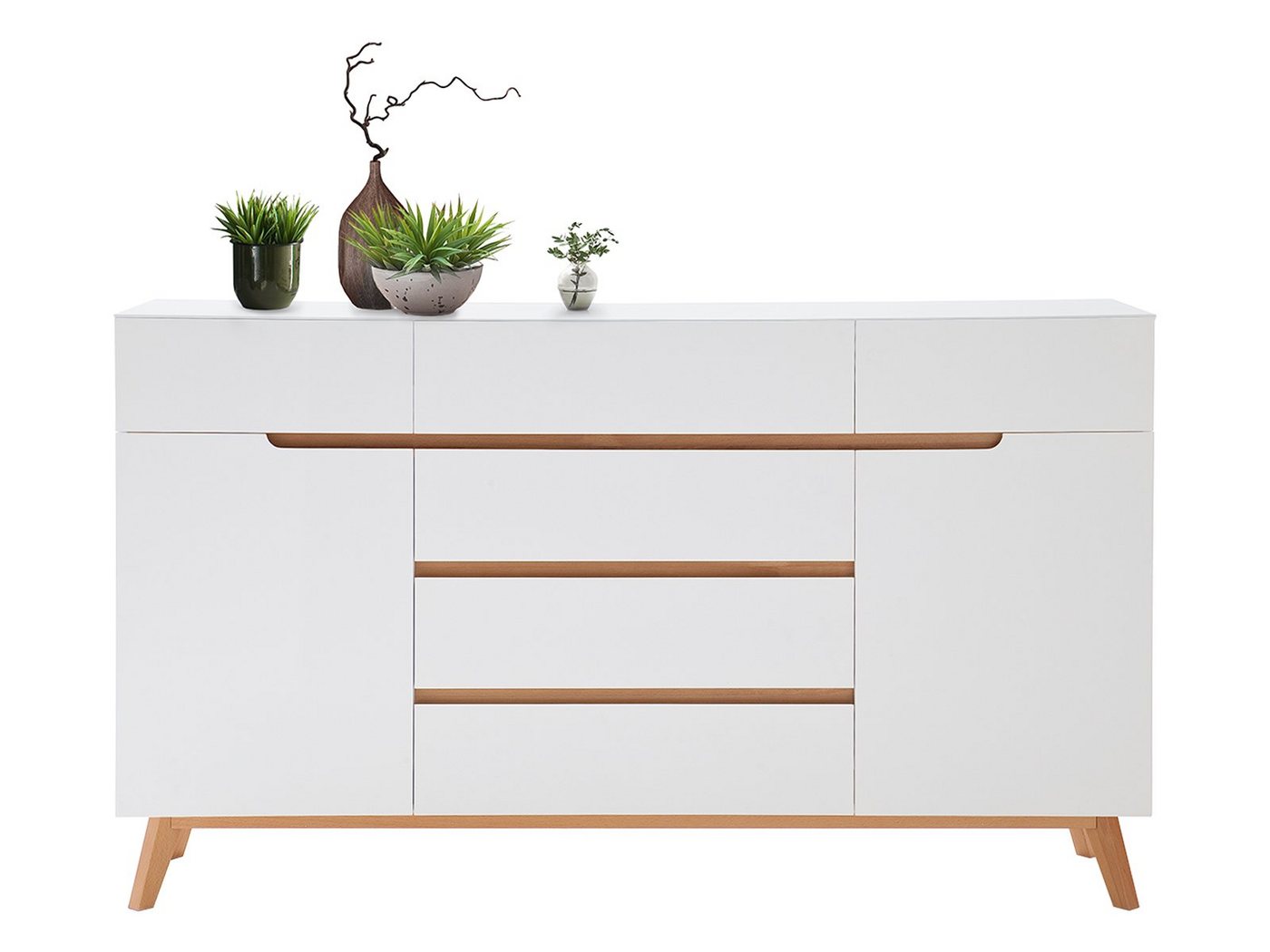 möbelando Sideboard Griffith, Sideboatrd aus MDF in weiß-matt lackiert und Beine/Absetzungen massiv in eichefarben mit 2 Türen und 6 Schubkästen, Belastbarkeit max. 30 kg. Breite 169 cm, Höhe 101 cm, Tiefe 40 cm von möbelando