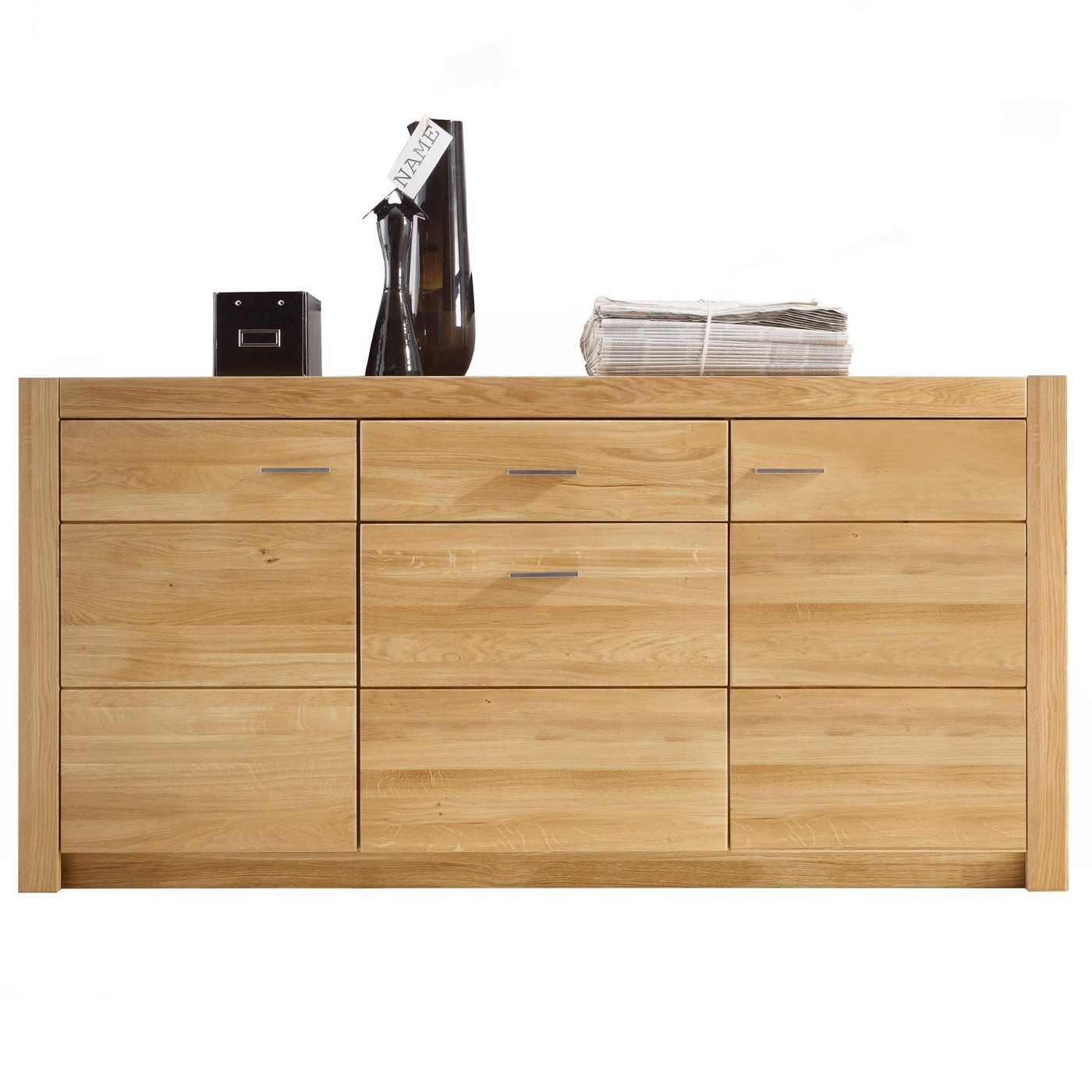 möbelando Sideboard Hartfort, Modernes Sideboard,Front aus massiver Asteiche (geölt), Korpus aus melaminharzbeschichteter Spanplatte in Wild Eiche, mit 3 Türen, 1 Schubkasten und 3 Einlegeböden, Breite 163 cm, Höhe 80 cm, Tiefe 42 cm von möbelando