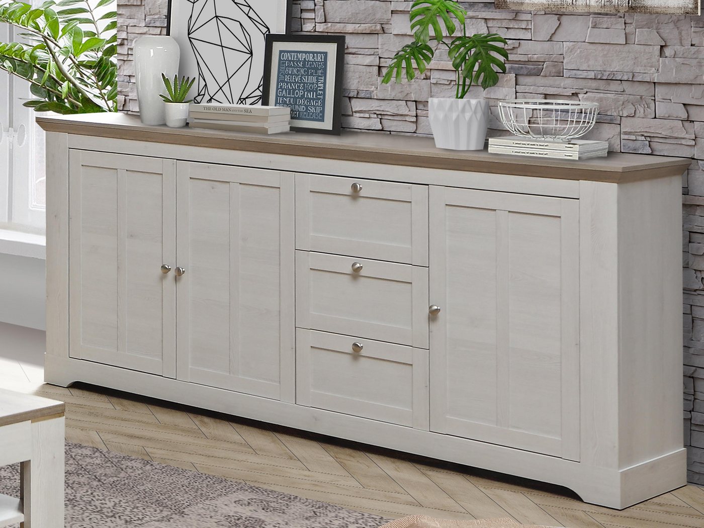 möbelando Sideboard Indianapolis, Modernes Sideboard aus Spanplatte in Schneeeiche Nachbildung, Oberboden in Nelson Eiche Nachbildung mit 3 Holztüren, 3 Schubkästen und 3 Einlegeböden. Breite 204,7 cm, Höhe 92,5 cm, Tiefe 44,3 cm von möbelando