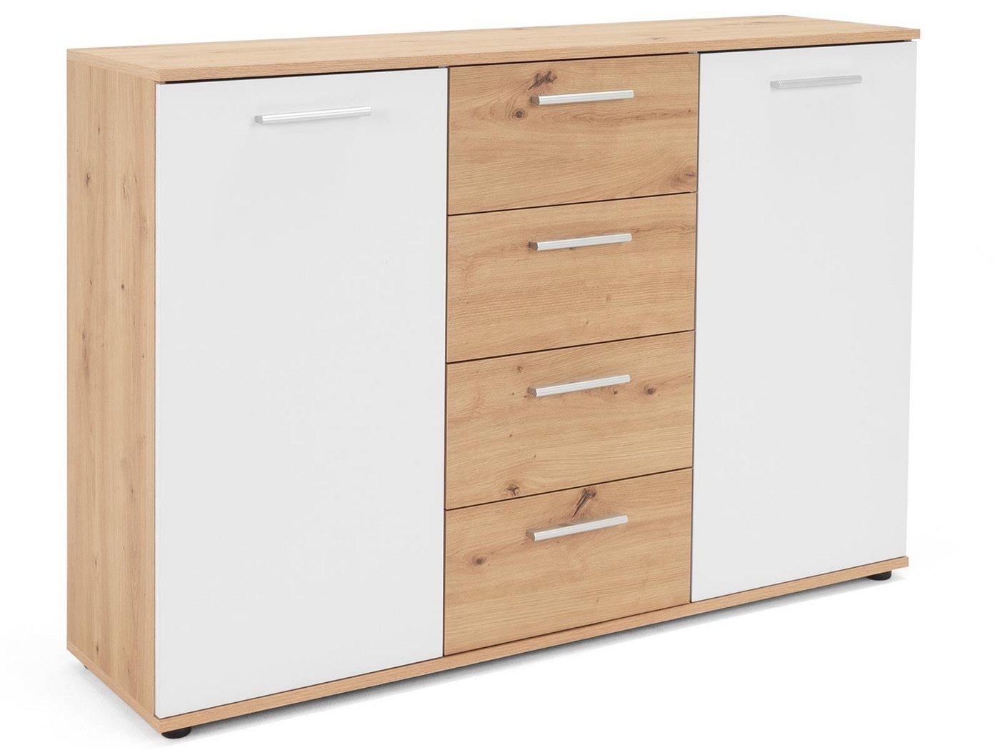 möbelando Sideboard Jacklin, Modernes Sideboard aus Spanplatte in Artisan Eiche Nachbildung /Weiß mit 4 Schubkästen und 2 Türen dahinter je 1 Boden. Breite 120 cm, Höhe 85 cm, Tiefe 35 cm von möbelando