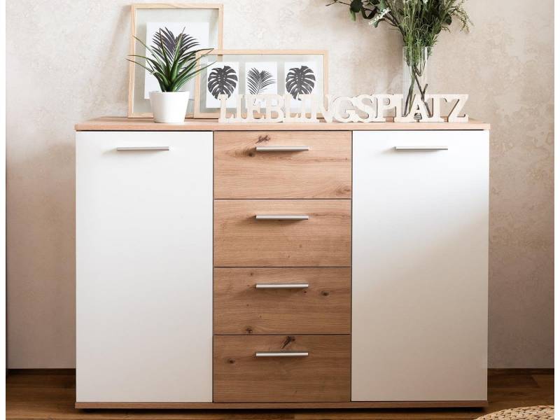 möbelando Sideboard Jacklin, Modernes Sideboard aus Spanplatte in Artisan Eiche Nachbildung /Weiß mit 4 Schubkästen und 2 Türen dahinter je 1 Boden. Breite 120 cm, Höhe 85 cm, Tiefe 35 cm von möbelando