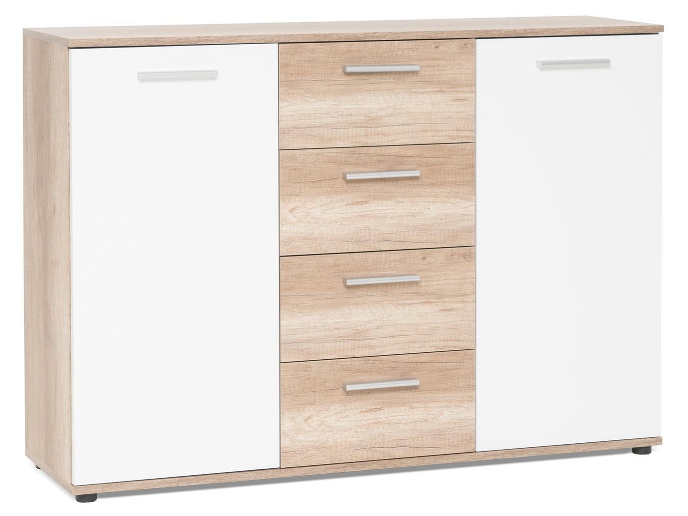 möbelando Sideboard Jacklin, Modernes Sideboard aus Spanplatte in Weiß mit Absetzungen in Wildeiche Nachbildung mit 4 Schubkästen und 2 Türen dahinter je 1 Boden. Breite 120 cm, Höhe 85 cm, Tiefe 35 cm von möbelando