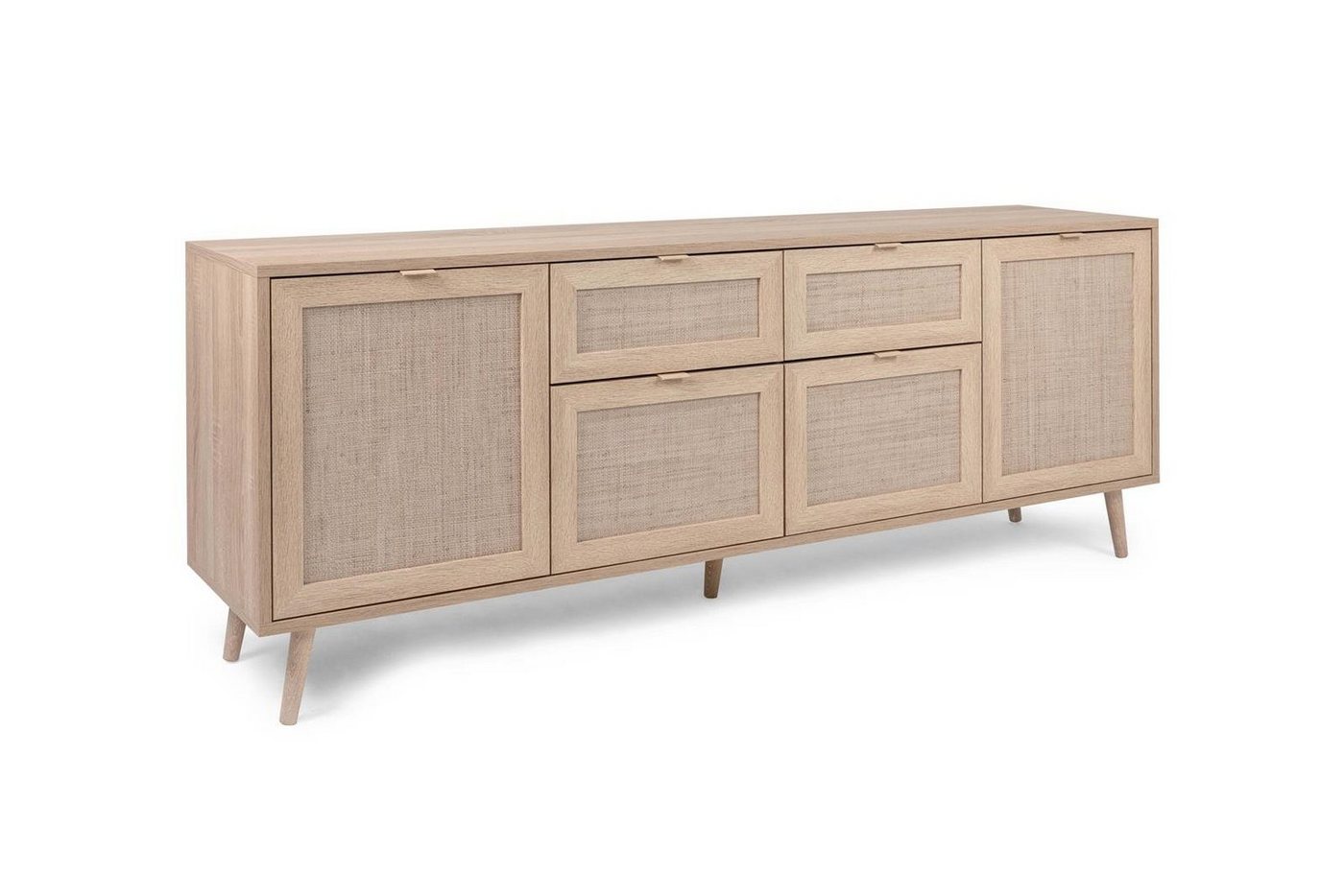 möbelando Sideboard Kuta, Sideboard im Rafia-Geflecht Dekor mit Massivholzfüßen. Skandinavische Serie mit einem echt wirkenden Dekor im Bast-Look. Der Korpus im Dekor Sonoma Eiche und Rahmenfronten auf Gehrung geschnitten. Die konisch angelegten Füße bestehen aus Massivholz Eiche. von möbelando