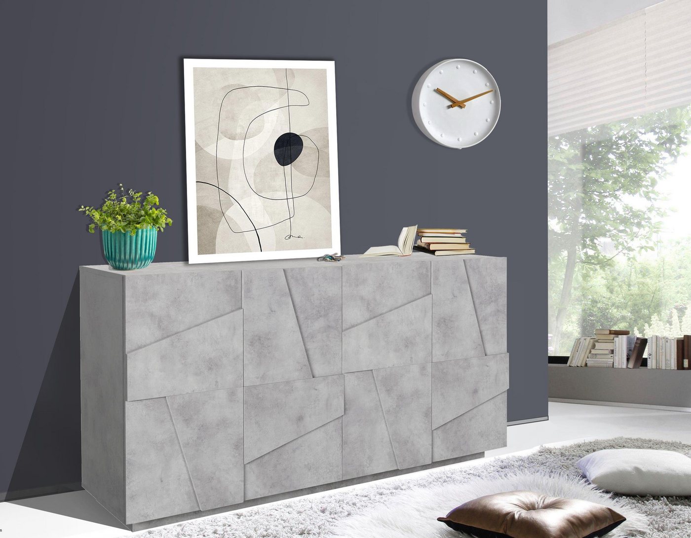 möbelando Sideboard Piacenza, Modernes Sideboard aus Spanplatte in Beton matt Nachbildung mit 4 Holztüren und 2 Konstruktionsböden. Breite 162,5 cm, Höhe 86 cm, Tiefe 44 cm von möbelando