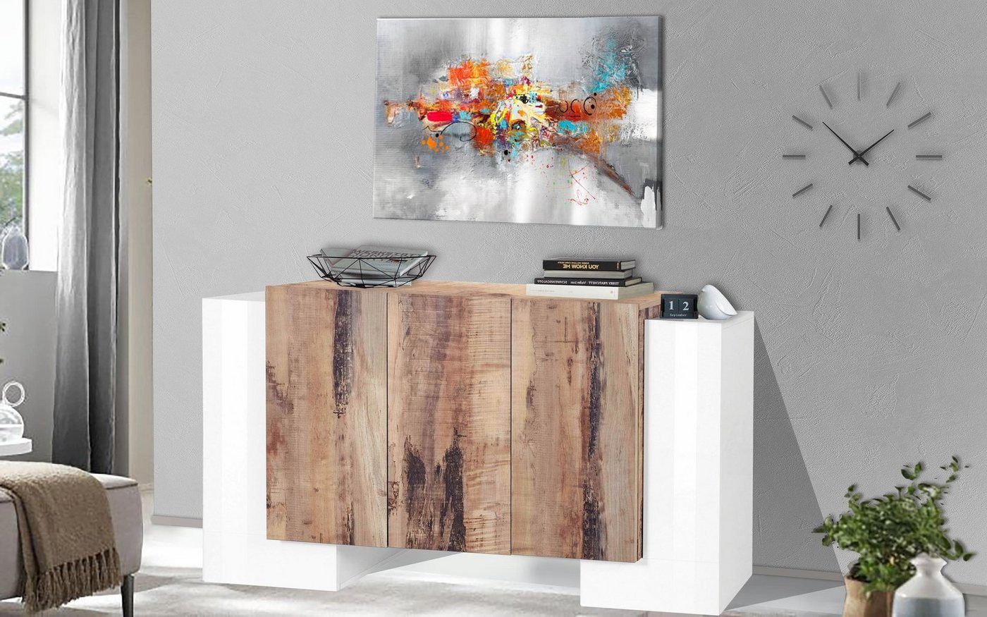 möbelando Sideboard Pinerolo, Modernes Sideboard aus Spanplatte in Weiß-Hochglanz, Absetzung in Ahorn Nachbildung mit 5 Holztüren und 4 Ablageböden. Breite 170 cm, Höhe 85 cm, Tiefe 45 cm von möbelando