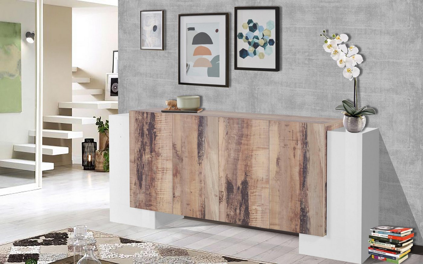 möbelando Sideboard Pinerolo, Modernes Sideboard aus Spanplatte in Weiß-Hochglanz, Absetzung in Ahorn Nachbildung mit 6 Holztüren und 4 Ablageböden. Breite 210 cm, Höhe 85 cm, Tiefe 45 cm von möbelando