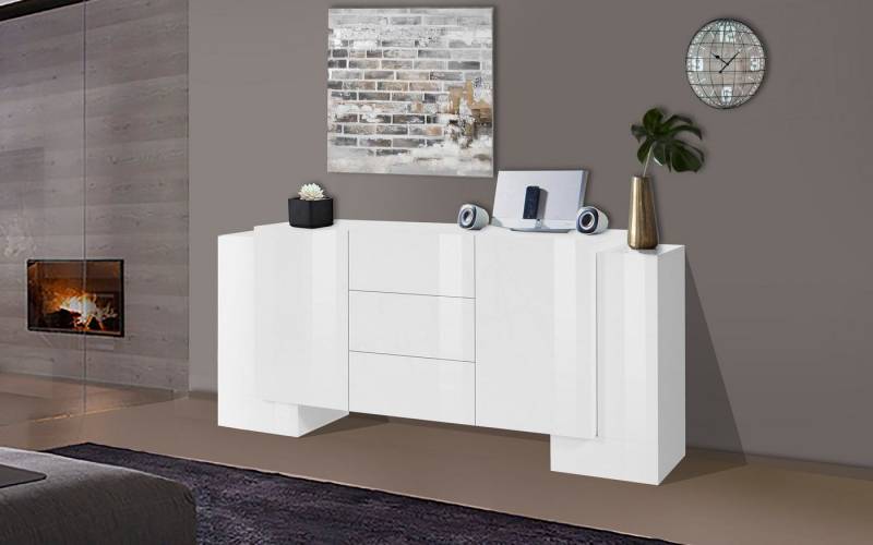 möbelando Sideboard Pinerolo, Modernes Sideboard aus Spanplatte in Weiß-Hochglanz mit 4 Holztüren, 3 Schubkästen und 4 Ablageböden. Breite 210 cm, Höhe 85 cm, Tiefe 45 cm von möbelando