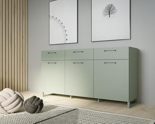möbelando Sideboard >SILBA< in (Salbei grün), 3 Türen, 3 Schubladen - 164,6x93,4x41,1cm (BxHxT) von möbelando