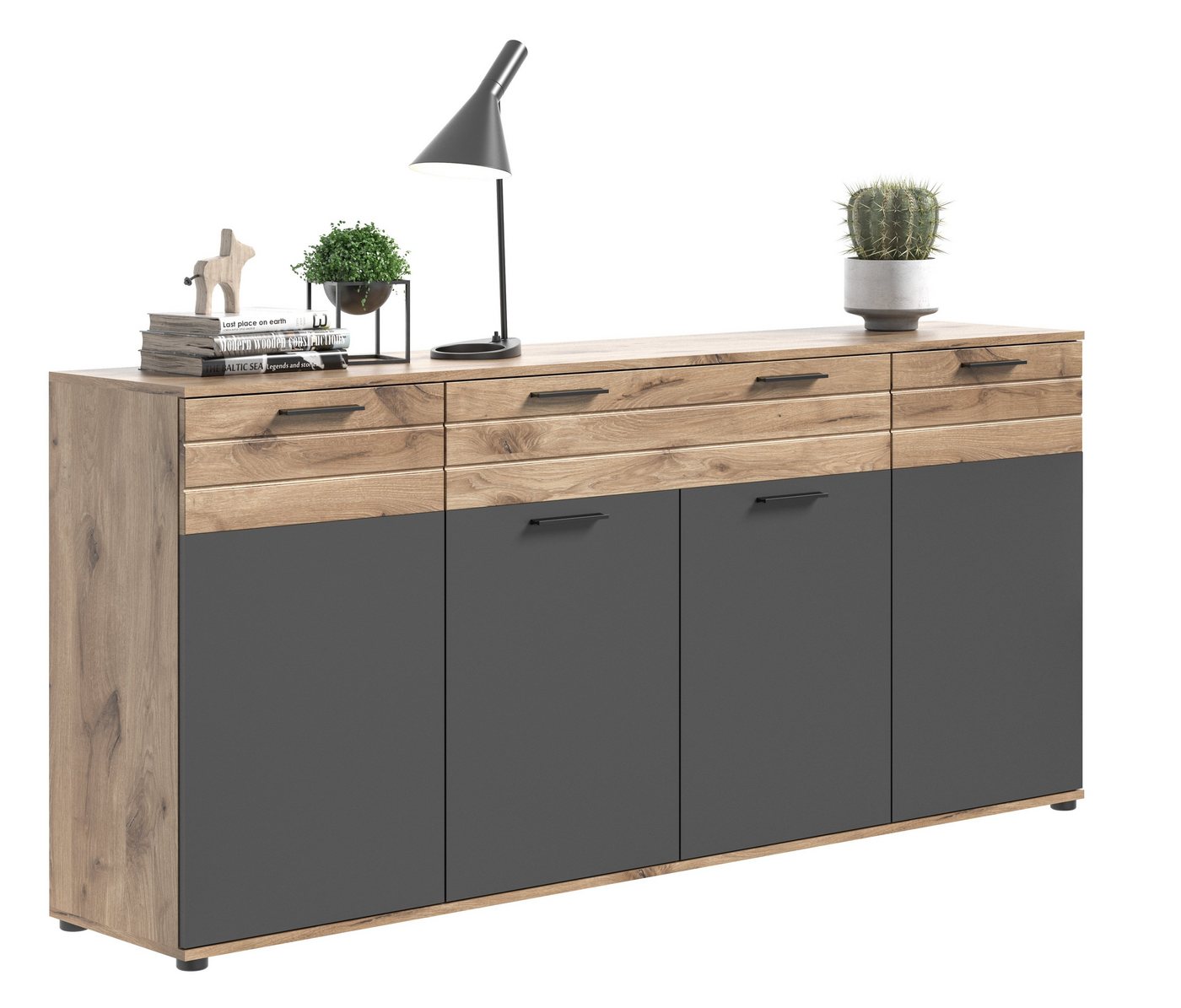 möbelando Sideboard Sideboard >Mason< in nox oak/basalt grau - 200x91x40cm (BxHxT), in nox oak/basalt grau - 200x91x40cm (BxHxT) von möbelando