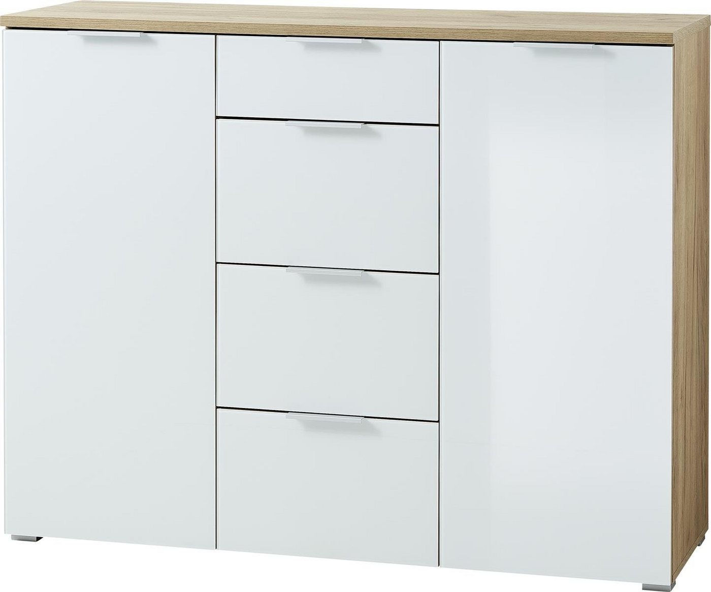 möbelando Sideboard Telde, Sideboard mit zwei Türen mit Glasfront und je einem Kantengriff, dahinter je zwei verstellbare Einlegeböden (belastbar bis zu 10 kg), Oberboden und Unterboden (jeweils belastbar bis zu 15 kg), vier Schubladen mit Selbsteinzug (jeweils belastbar bis zu 10 kg), Korpus in Navarra-Eiche-Nb., Fronten Weiß, vier Kunststofffüße in Silber, sechs Kantengriffe aus Metall, Türdämpfung, hochwertige ABS Kanten, Melaminharz-Beschichtung, ESG Sicherheitsglas, Made in Germany. von möbelando