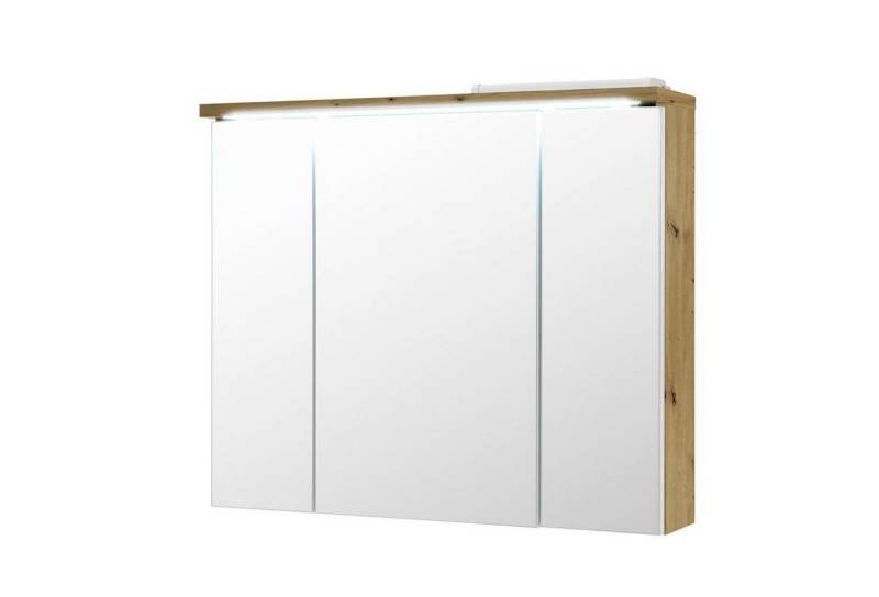 möbelando Spiegelschrank Peter Moderner Spiegelschrank, Korpus aus Spanplatte in Artisan Eiche Nachbildung, Türen aus MDF und Spiegelglas, mit 3 Türen, 3 Einlegeböden, inkl. LED-Beleuchtung. Breite 80 cm, Höhe 69 cm, Tiefe 20 cm von möbelando