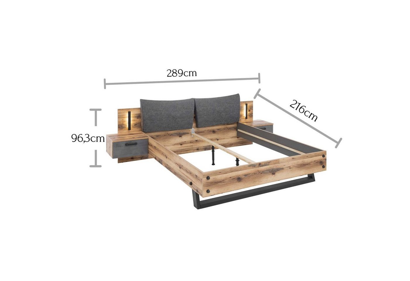 möbelando Bettanlage Donielle, Stilvolle Doppelbett Bettanlage mit Nachtkommoden & LED-Beleuchtung 180 x 200 cm - in Alpine Lodge Optik, Betonoxid - 289 x 97 x 216 cm (B/H/T) von möbelando