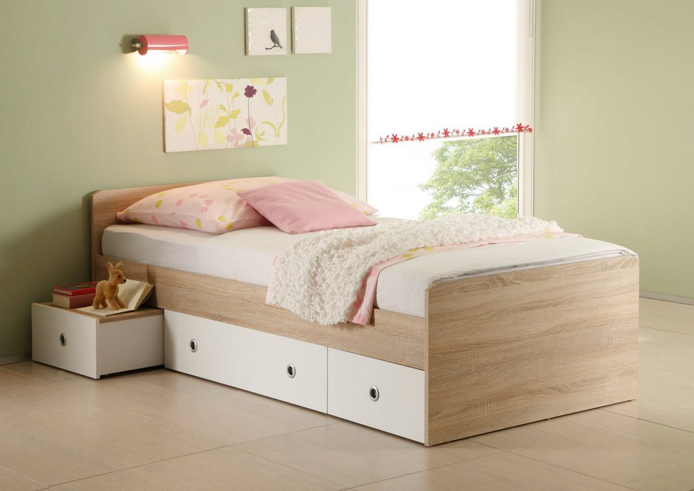 möbelando Kinderbett Floris, Modernes Jugendbett aus Spanplatte in Sonoma-Eiche Nachbildung, Absetzungen in Weiß mit 3 Schubkästen. Breite 204 cm, Höhe 66 cm, Tiefe 95 cm, Liegefläche 90x200 cm von möbelando