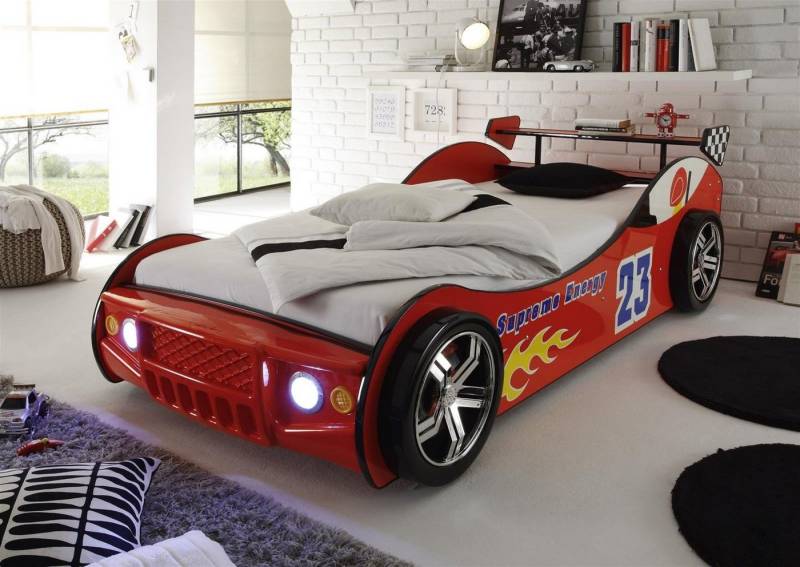 möbelando Autobett Letta, Autobett mit LED-Beleuchtung 90 x 200 cm - Aufregendes Auto Kinderbett für kleine Rennfahrer in Rot - 105 x 60 x 225 cm (B/H/T) von möbelando