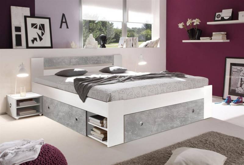 möbelando Stauraumbett Robina, Moderne Doppelbett Bettanlage 180 x 200 cm mit 2x Nachtkommoden - Schlafzimmer Komplett-Set in Beton-Optik, Weiß - 185 x 86 x 204 cm (B/H/T) von möbelando