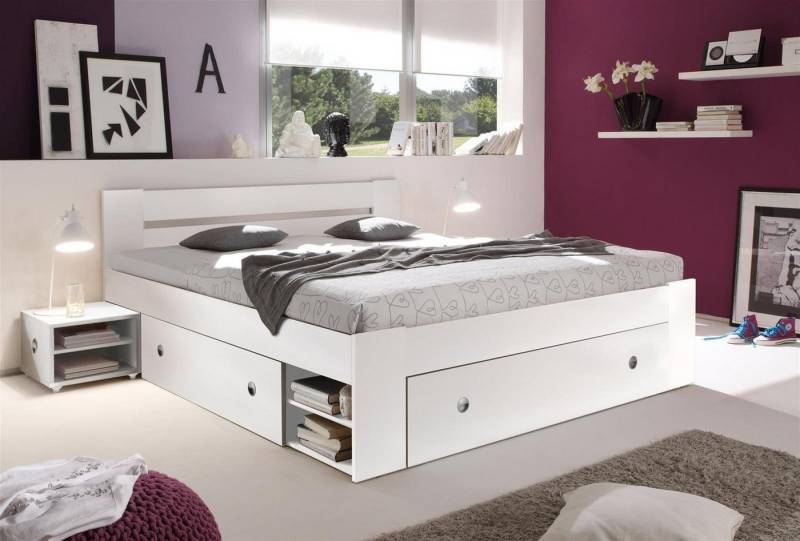 möbelando Stauraumbett Robina, Moderne Doppelbett Bettanlage 140 x 200 cm mit 2x Nachtkommoden - Schlafzimmer Komplett-Set in Weiß - 145 x 86 x 204 cm (B/H/T) von möbelando