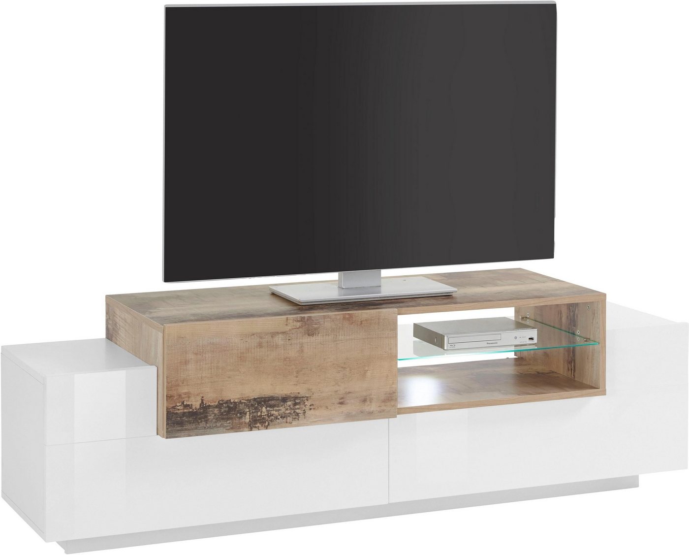 möbelando TV-Board Catania, Modernes TV-Lowboard aus Spanplatte in Weiß-Hochglanz / Ahorn Nachbildung mit 2 Klappen, 1 Tür und 1 Glaseinlegeboden. Breite 120 cm, Höhe 86 cm, Tiefe 45 cm von möbelando