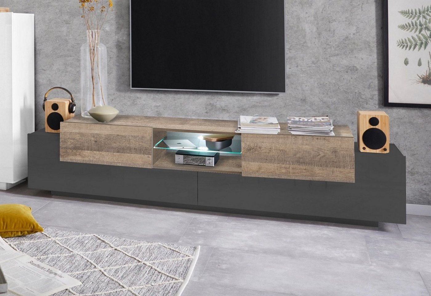 möbelando TV-Board Coro (BxHxT: 220x51x45 cm), in anthrazit matt/Oak mit 2 Türen und einem Einlegeboden von möbelando