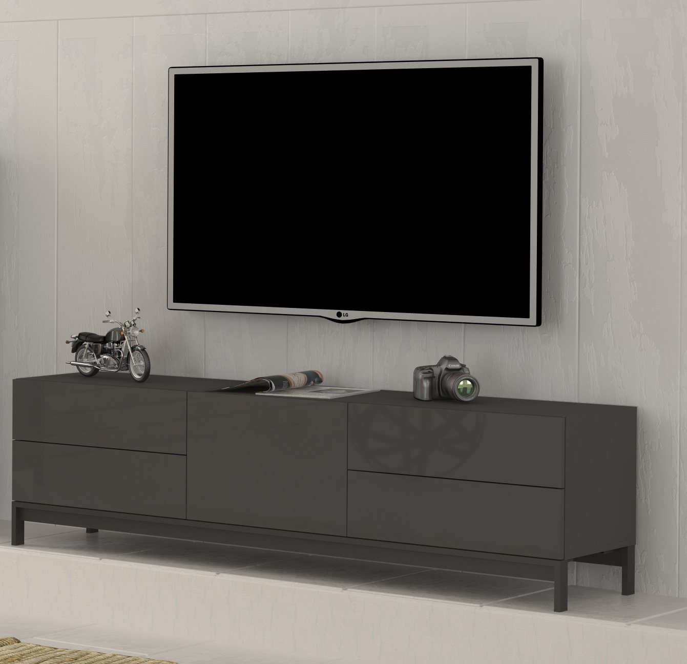 möbelando TV-Board Mercogliano, Modernes TV-Lowboard aus Spanplatte in Anthrazit Hochglanz, Gestell aus Metall in Schwarz mit 1 Holztür und 4 Schubkästen. Breite 170 cm, Höhe 47,7 cm, Tiefe 40 cm von möbelando