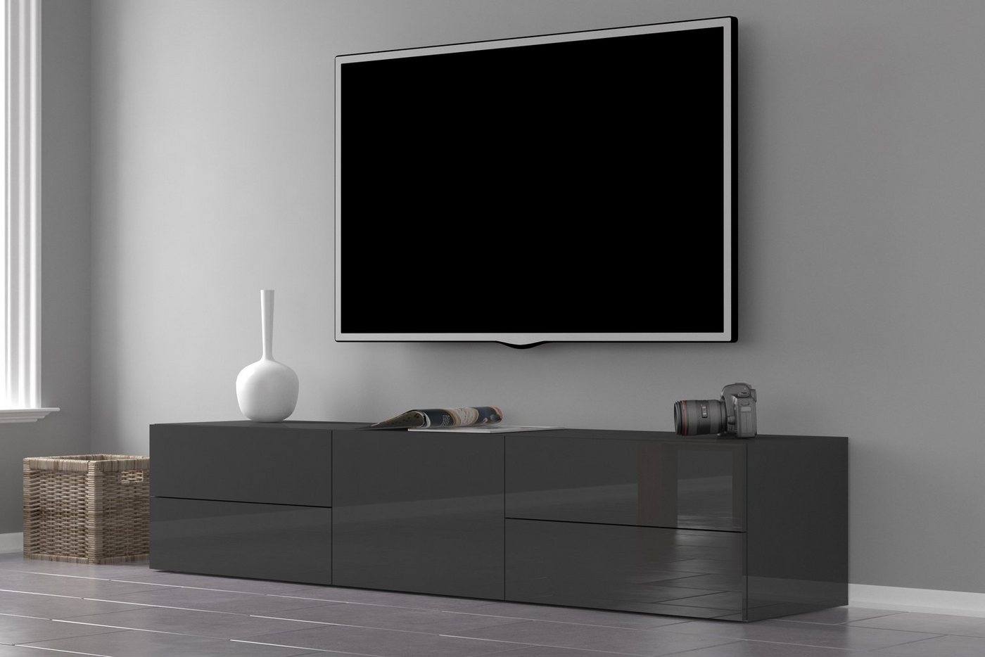 möbelando TV-Board Mercogliano, Modernes TV-Lowboard aus Spanplatte in Anthrazit Hochglanz mit 1 Holztür und 4 Schubkästen. Breite 170 cm, Höhe 35,2 cm, Tiefe 40 cm von möbelando