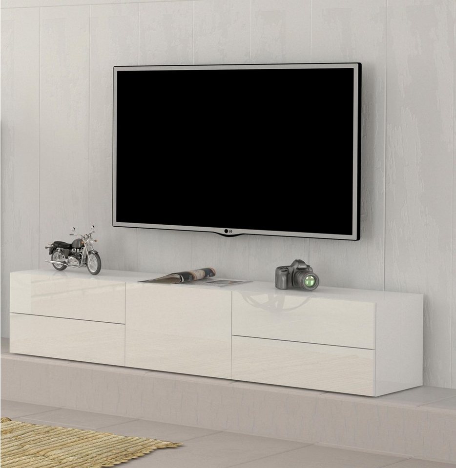 möbelando TV-Board Mercogliano, Modernes TV-Lowboard aus Spanplatte in Weiß Hochglanz mit 1 Holztür und 4 Schubkästen. Breite 170 cm, Höhe 35,2 cm, Tiefe 40 cm von möbelando