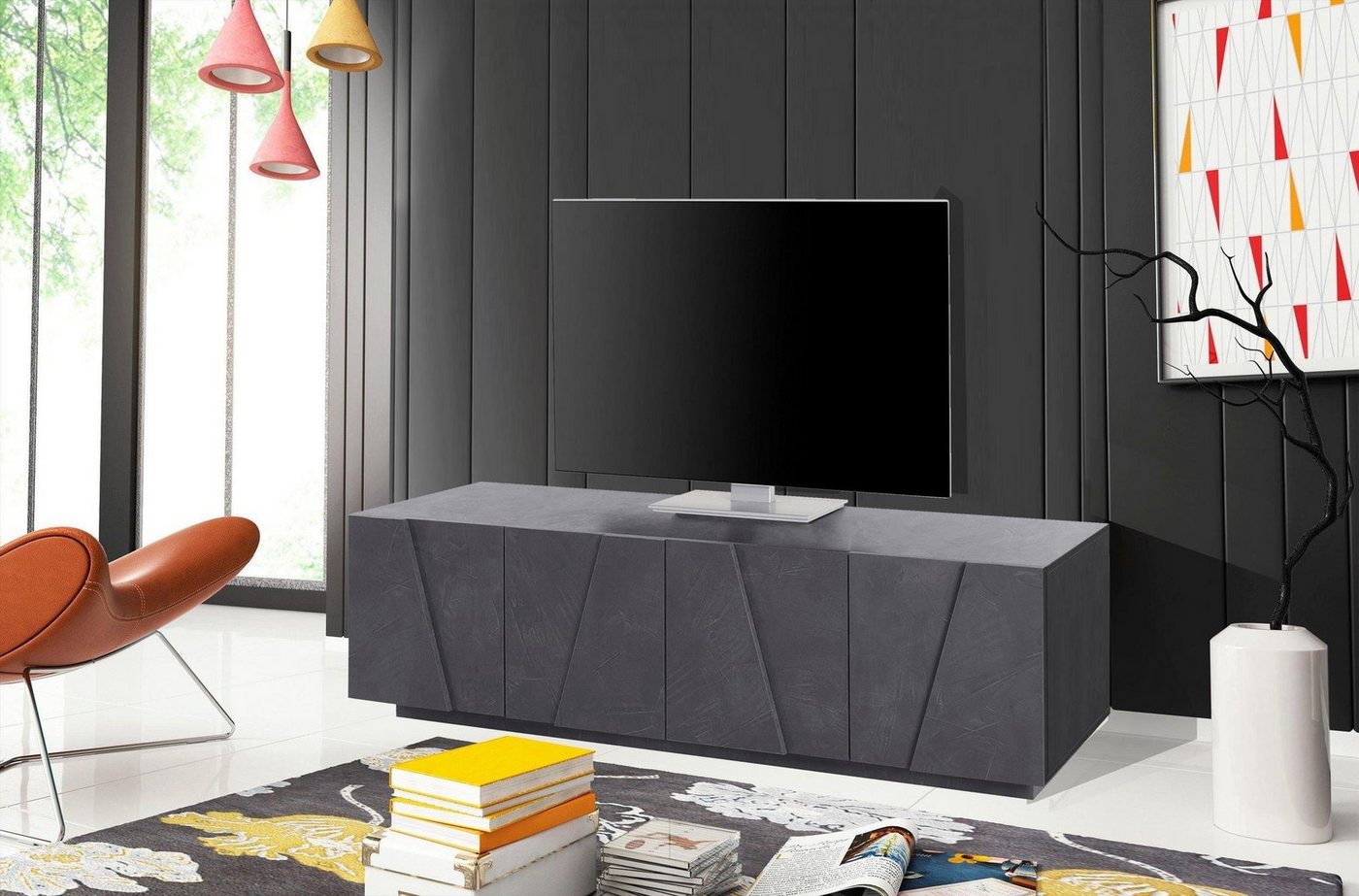 möbelando TV-Board Piacenza, Modernes TV-Lowboard aus Spanplatte in Schiefer matt Nachbildung mit 4 Holztüren. Breite 162,5 cm, Höhe 46 cm, Tiefe 44 cm von möbelando