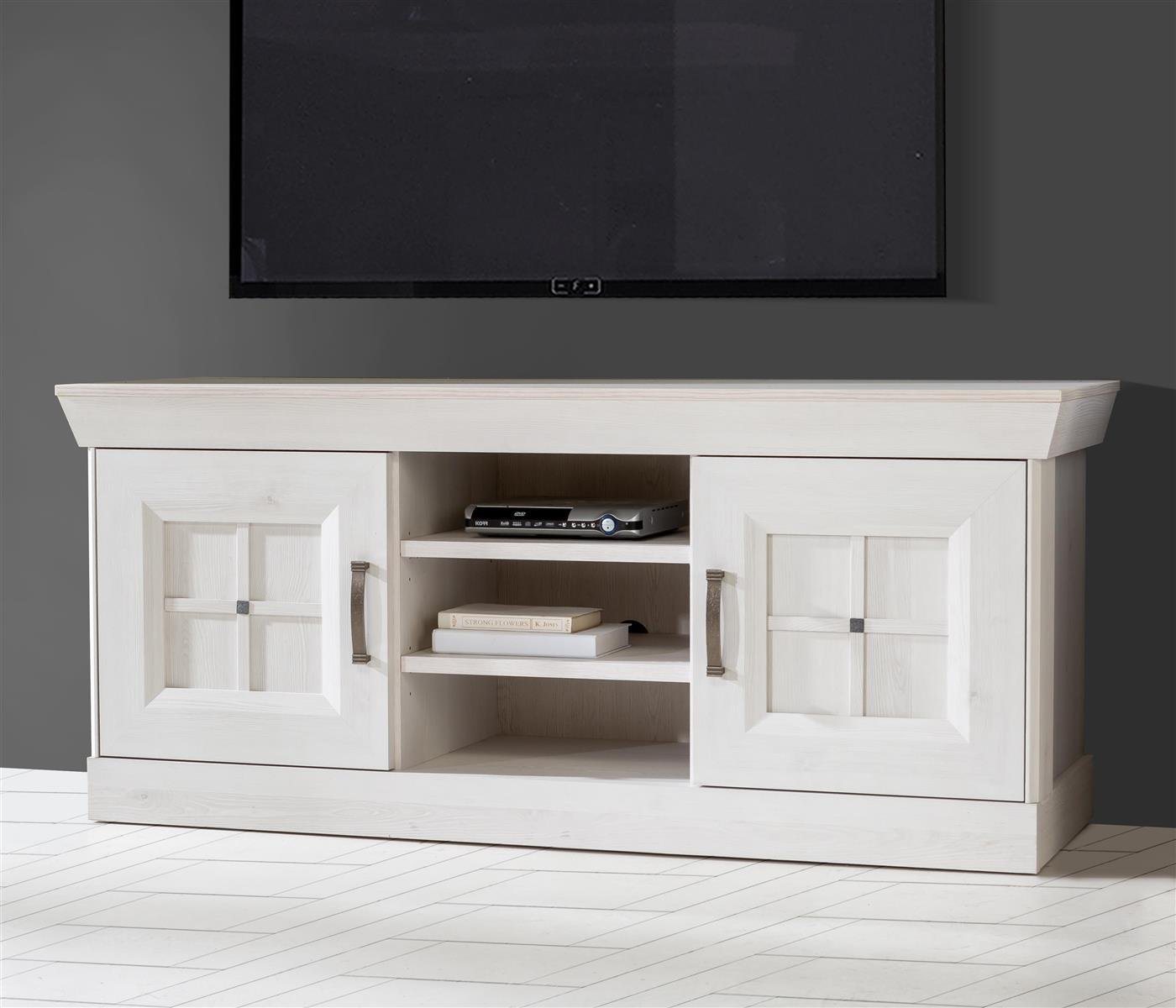 möbelando TV-Board TV-Lowboard Kalamaria I", TV-Lowboard im modernen Landhausstil aus Spanplatte in Schneeeiche Nachbildung mit 2 Holztüren und 3 offenen Fächern. Breite 143 cm, Höhe 62,8 cm, Tiefe 47 cm" von möbelando