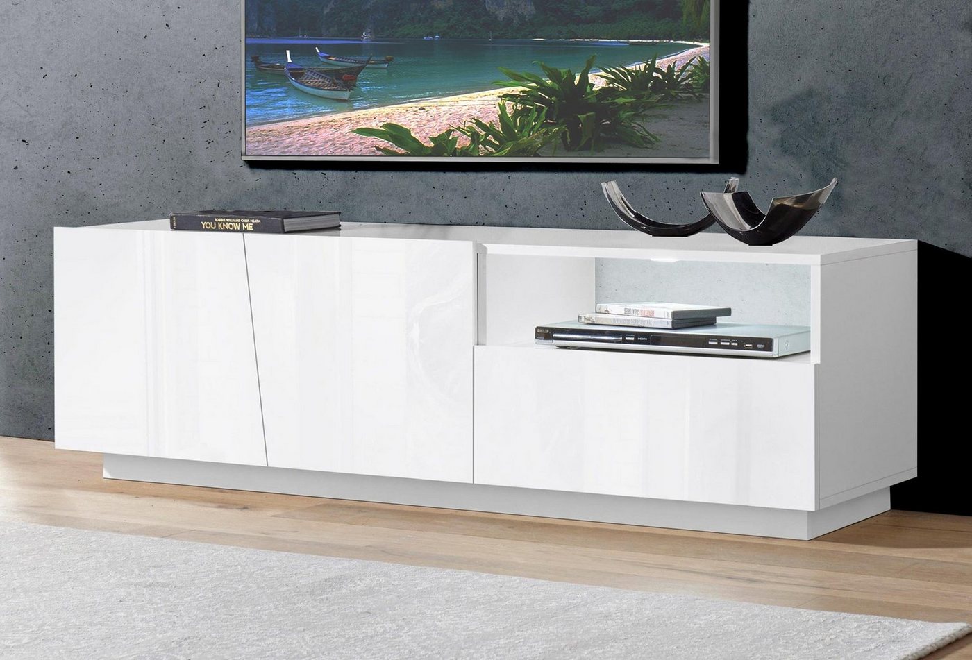 möbelando TV-Board Viterbo, Modernes TV-Lowboard aus Spanplatte in Weiß-Hochglanz mit 2 Holztüren, 1 Schubkasten und 1 offenes Fach. Breite 150 cm, Höhe 46 cm, Tiefe 43 cm von möbelando