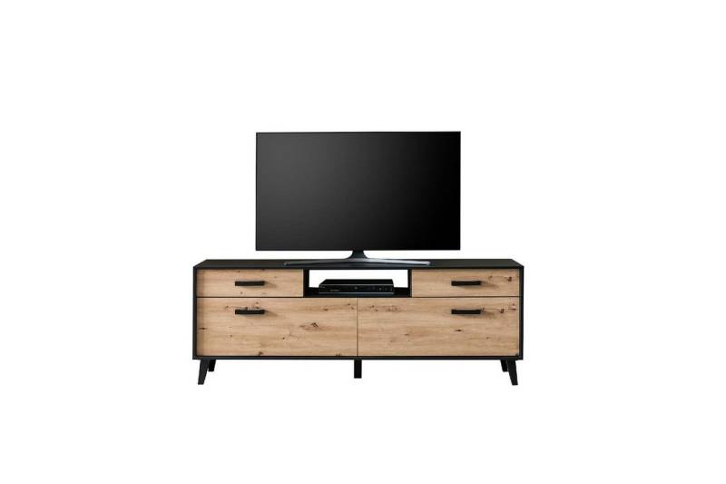 möbelando TV-Board Artona, Modernes TV-Lowboard, aus melaminharzbeschichteter Spanplatte, Front in Artisan-Eiche, Korpus in Schwarz, mit 2 Türen und 2 Schubkästen inkl. Soft-Close-Funktion, sowie 1 offenen Fach, Breite 186 cm, Höhe 67,9 cm, Tiefe 39,3 cm von möbelando